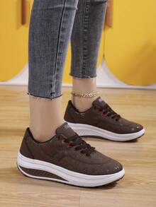 女性平底增高運動鞋,鞋帶式低頂跑步鞋,防滑運動鞋 - 咖啡棕 - 查看 3