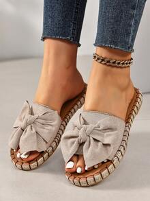 緞帶蝴蝶裝飾平底涼鞋,女士草繩底海灘平底涼鞋 - 杏色 - 查看 6