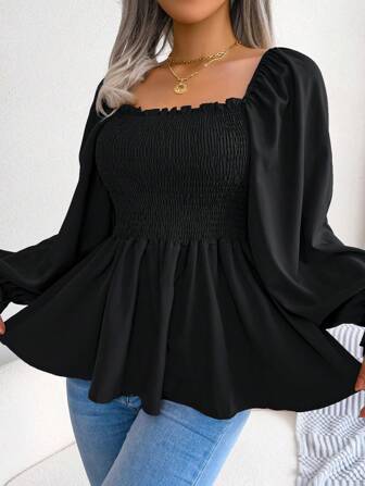 Spring/Summer Europe And America Style Casual Asymmetric Ruffle Square Neck Long Sleeve Chiffon Blouse,Long Sleeve Tops