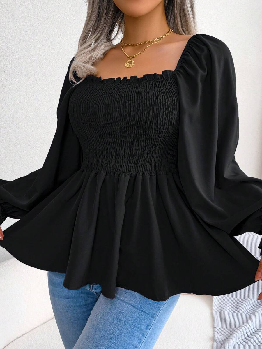 Spring/Summer Europe And America Style Casual Asymmetric Ruffle Square Neck Long Sleeve Chiffon Blouse,Long Sleeve Tops - Black - View 1