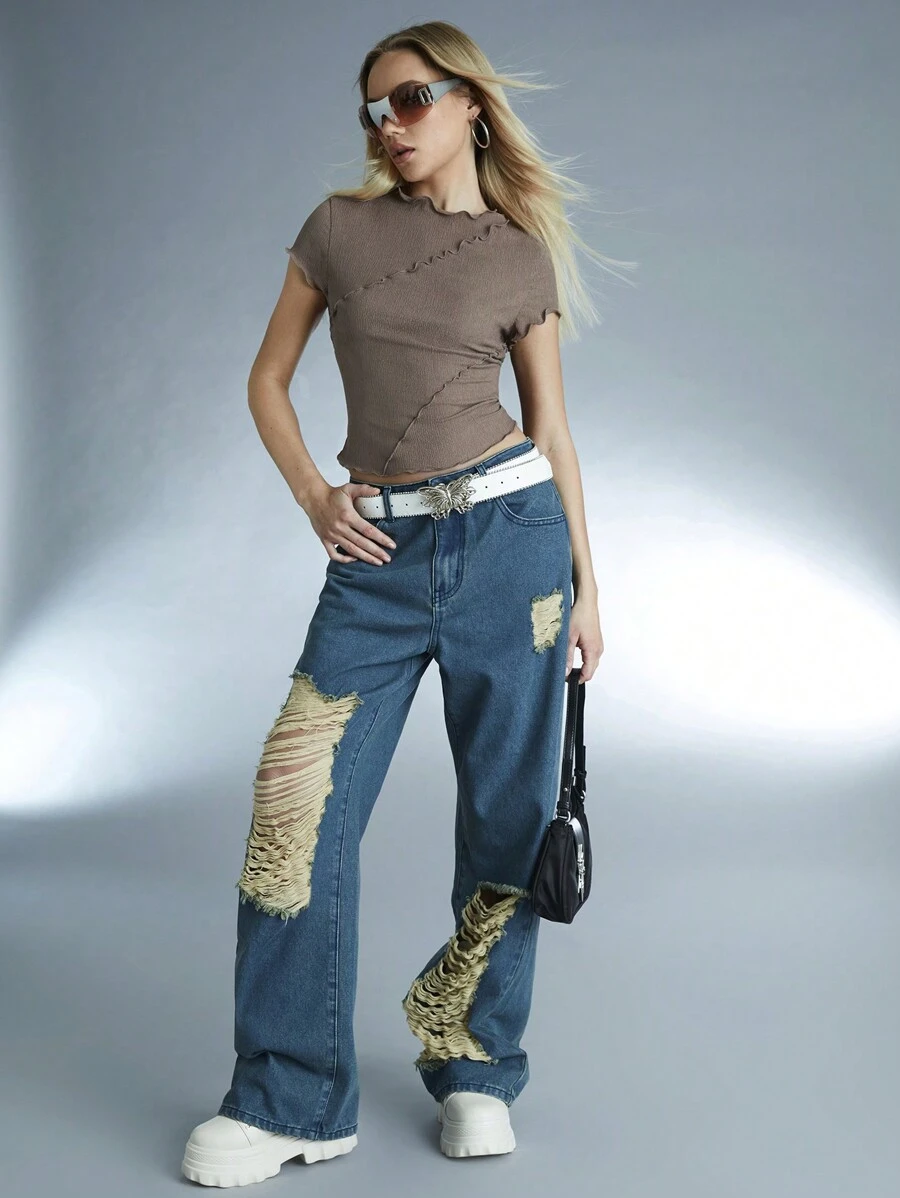 Forever 21 Y2k Vintage Distressed Hollow Out Motorcycle Style Denim Pants For Women