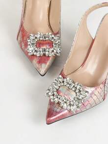 女士優雅的異形葫蘆形玫瑰金色高跟尖頭pu鑲鑽手提包,附有大型方形扣環和後拉鍊帶（鞋面隨機圖案）,適用於春季和夏季 - 彩色 - 查看 7