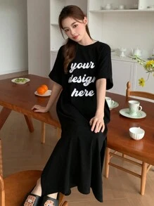 DAZY Loose Fit Homewear Lounge Dress With Letter Print Summer, Moo Moo Pajama