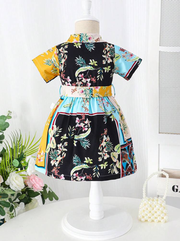 2pcs Baby Girls' Fashionable Patchwork Floral Print Casual Shirt Dress With Waist Belt For Summer
