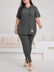 Mulvari Plus Size Hooded Short Sleeve Top With Letter Patch And Split Pants With Drawstring