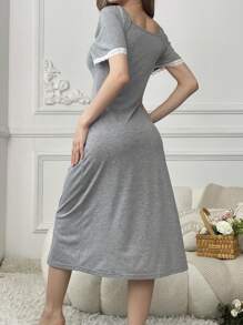 Short-Sleeve Pajama Sleepwear Dress With Splicing Lace Bow Decoration