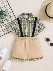 SHEIN Baby Boy Summer Vintage Plaid Short-Sleeve Shirt Overalls Shorts Set,Soft Summer Color Palette,Summer,Casual,Family Matching Baptism Wedding Birthday - Multicolor - View 1