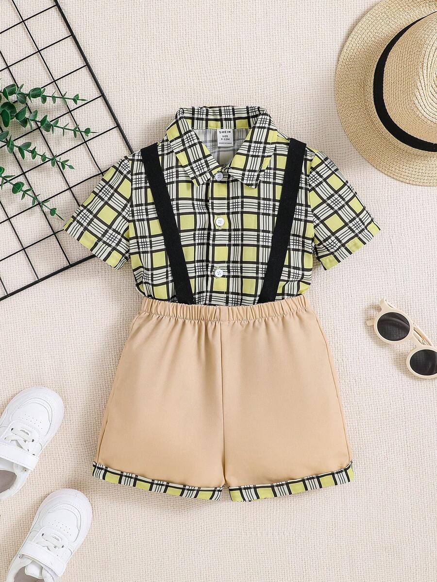 SHEIN Baby Boy Summer Vintage Plaid Short-Sleeve Shirt Overalls Shorts Set,Soft Summer Color Palette,Summer,Casual,Family Matching Baptism Wedding Birthday - Multicolor - View 1