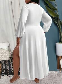 SHEIN Clasi Plus Size Lantern Sleeve High-Split Hem Dress Fall Cloth For Women - White - View 2