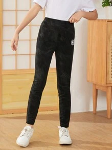 SHEIN Tween Girl Obcisłe białe legginsy do ćwiczeń z nadrukiem w litery i średnim stanem