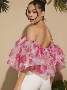L'Amorae Off Shoulder Floral Organza Top - Pink - View 2