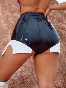 SHEIN SXY Concert Music Festival Outfits Colorblock Pu Leather Shorts - Black - View 5