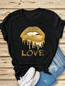 INAWLY Môi & Lá thư In Vòng cổ Ngắn tay Áo thun - màu đen - Xem 3