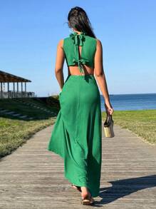EURMUSE Green Back Detail Summer Long Dress - Green - View 4