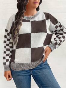 SHEIN LUNE Plus Size Color Block Checkerboard Sweater Knit Pullover Fall Winter - Multicolor - View 5