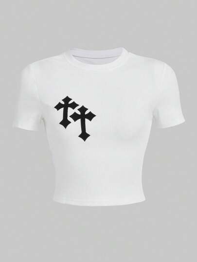 Grunge Punk Cross Embroidery Ribbed Crop Tee, School