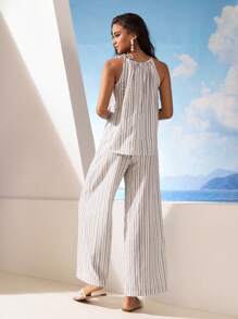 GENKIRA Bohemian Striped Halter Neck Vest And Wide Leg Pants Women Two Pieces Set - White - View 2
