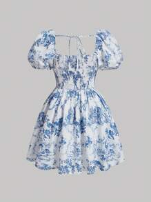 SHEIN MOD Váy tay bồng in họa tiết cổ điển mùa hè cỡ lớn - Xanh và trắng - Xem 2