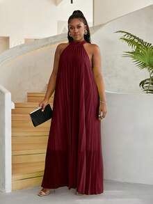 Astrid Plus Size Solid Color Long Pleated Halter Dress - Burgundy - View 4