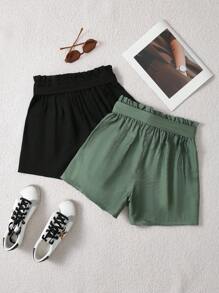Plivvot 2pcs/Set Solid Color Casual Work & Vacation High Waist Paper Bag Tie Front Shorts - Multicolor - View 2