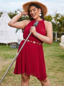 SHEIN VCAY Plus Size Women's Pleated Halter Neck Dress - Red - View 4