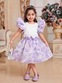 SHEIN Conjunto de 2 piezas para niña pequeña con blusa de manga corta y estampado floral jacquard y falda