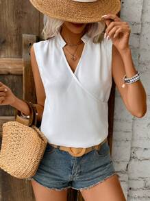 SHEIN Frenchy Casual Solid Color Sleeveless V-Neck Old Money White Blouse