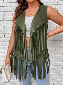 Calvaya Kích thước lớn Của phụ nữ Viền tua Không tay Áo vest Với Vá lại Thiết kế - xanh quân đội - Xem 1