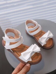 Nuevas sandalias planas para niñas con moño y nudo, zapatos cómodos estilo romano de princesa para niños pequeños y preescolares - Blanco - Ver 2