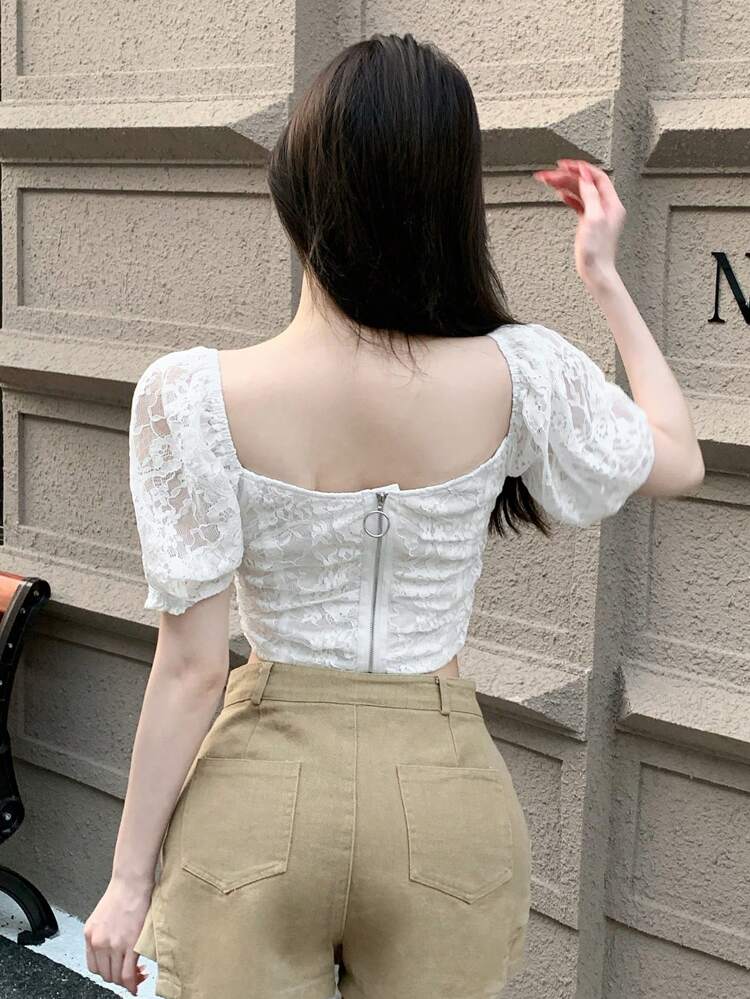 Solid Color Lace Short Puff Sleeve Women's Blouse,Crop Tops Women