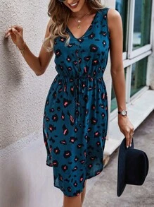 SHEIN LUNE Leopard Print Sleeveless Kimono Waist Dress - Royal Blue - View 1