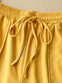 SHEIN LUNE Quý cô Màu thuần Dây rút Rộng chân Giải trí Quần short - Màu Mù tạt vàng - Xem 3