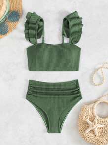 SHEIN Swim Summer Beach dames bikiniset met textuur, ruches en armsgaten en ruches