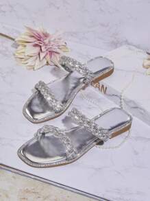 SHUZIA Women's Casual Flat Sandals With Rhinestone Decoration - Silver - View 4
