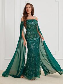 Vestido de manga larga con hombros descubiertos y bordado de lentejuelas - Verde Oscuro - Ver 6
