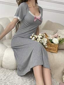 Short-Sleeve Pajama Sleepwear Dress With Splicing Lace Bow Decoration