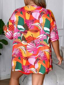 SHEIN Holidaya Kích thước lớn In Nút phía trước Ngắn tay Áo Và Quần short - Nhiều màu - Xem 2