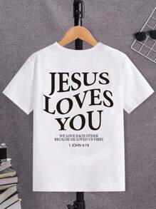 SHEIN Áo thun ngắn tay cổ tròn in slogan cậu bé Tween - trắng - Xem 1