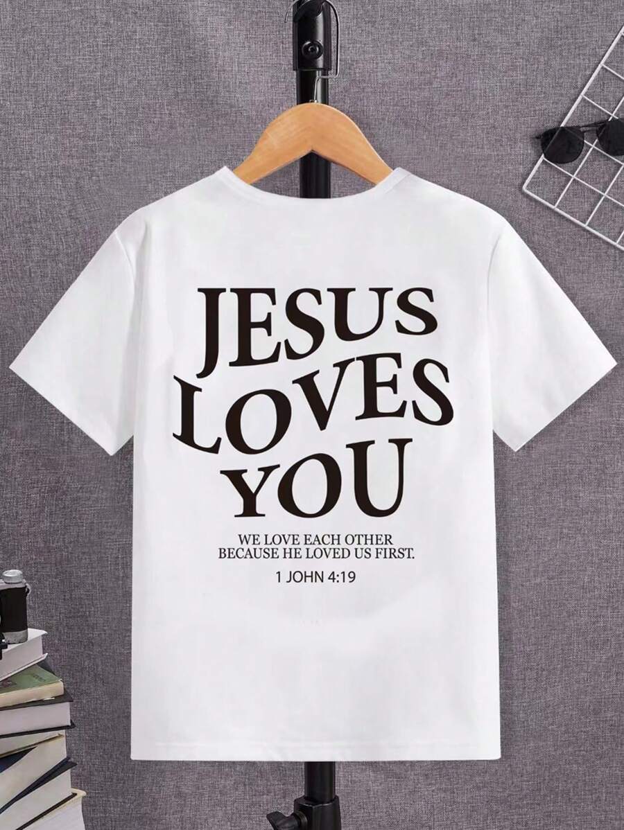 SHEIN Áo thun ngắn tay cổ tròn in slogan cậu bé Tween - trắng - Xem 1