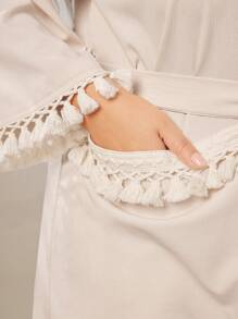 Mulvari Plus Size Button Half Placket Fringe Hem Tassel Dress - Apricot - View 6