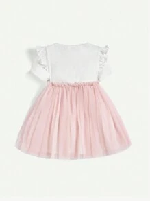 Cozy Pixies Vestido de manga corta para bebé niña con falda de malla y patrón de conejito caricatura con cintura elástica