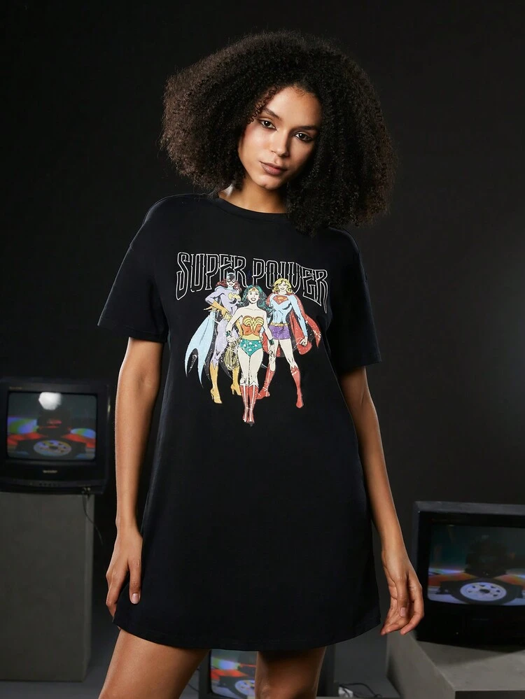 Cartoon Figure And Letter Graphic Drop Shoulder Tee Dress
