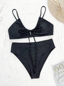 SHEIN Swim Bộ Bikini hai mảnh có dây buộc chéo phía trước đi biển mùa hè dành cho nữ - màu đen - Xem 4