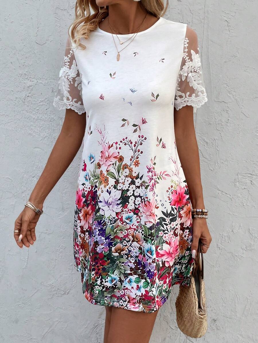 EMERY ROSE Blume Muster Mesh Kleid Mit Kurzen Ärmeln Für Damen