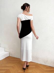 Modelyn Women's Color Block Asymmetrical Collar Slit Dress