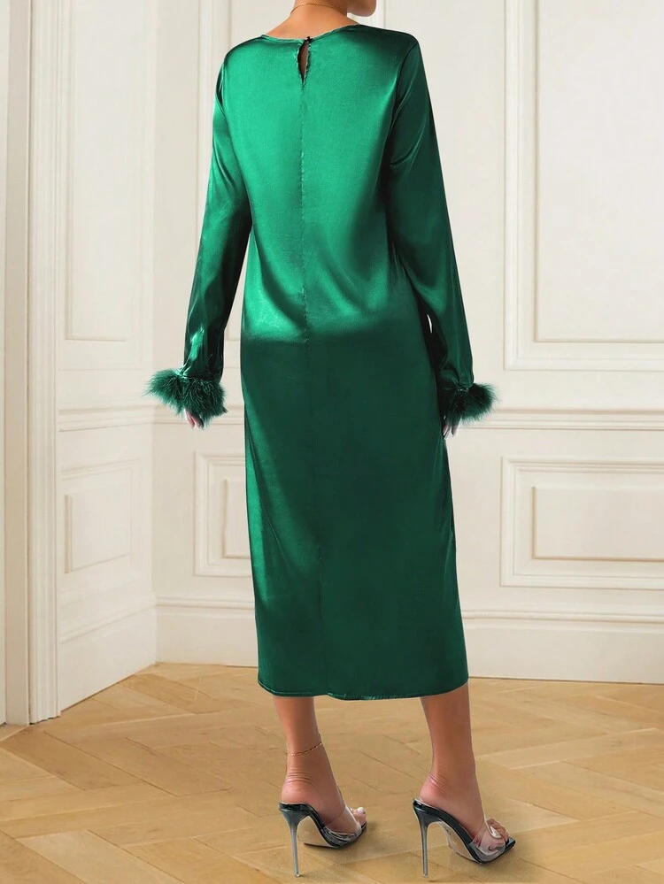 Patchwork Plush Sleeve And Round Neck Casual Dress