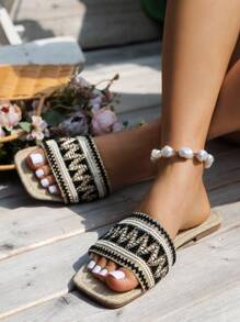 WRCVS Women Embroidered Slip-On Sandals, Woven Flat Slippers, Retro Patterned Bohemian Style Casual Outdoor Shoes - Black - View 3