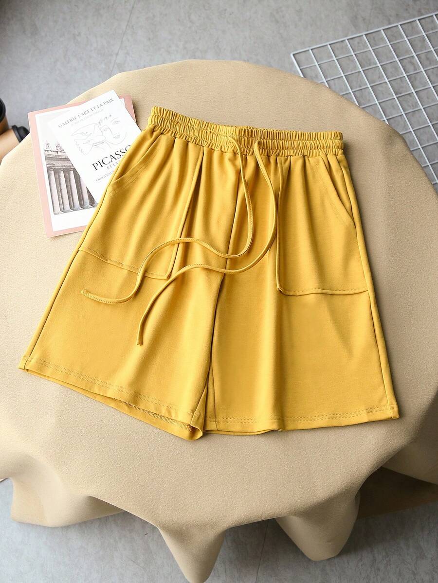 SHEIN LUNE Quý cô Màu thuần Dây rút Rộng chân Giải trí Quần short - Màu Mù tạt vàng - Xem 1