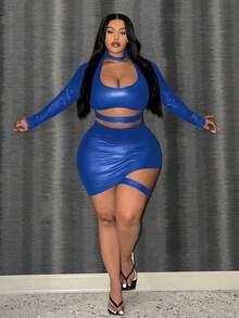 Slaydiva Thanh lịch và gợi cảm Màu Trơn Slim Fit Khoét Hở Bất Đối Xứng Phủ Pu Vải Plus Kích Thước Tay Dài Mini Dành Cho Nữ - Xanh đậm - Xem 2