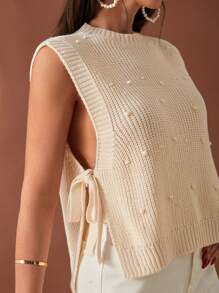 EURMUSE Pearls Detail Knot Side Sweater Vest - Beige - View 5